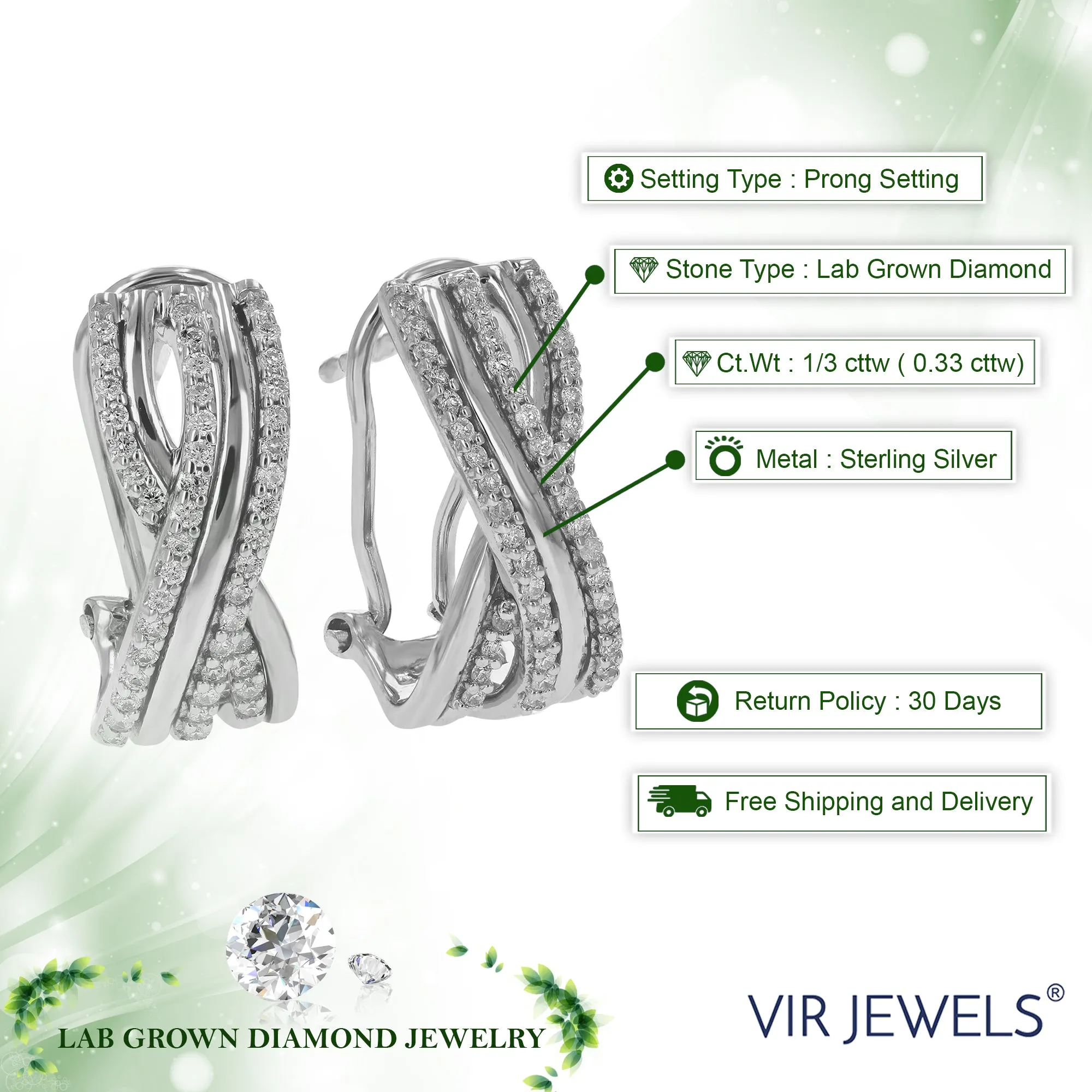 1/3 cttw Round Cut Lab Grown Diamond Hoop Earrings in .925 Sterling Silver Prong Set 2/3 Inch