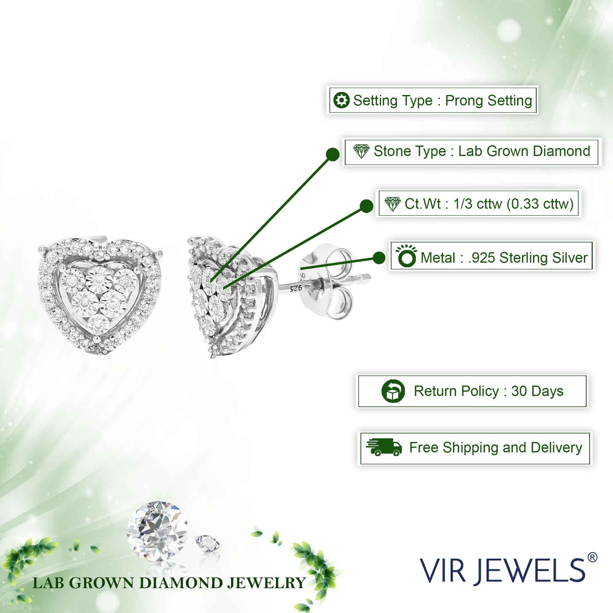 1/5 cttw 64 Stones Round Lab Grown Diamond Studs Earrings .925 Sterling Silver Prong Set Heart Shape