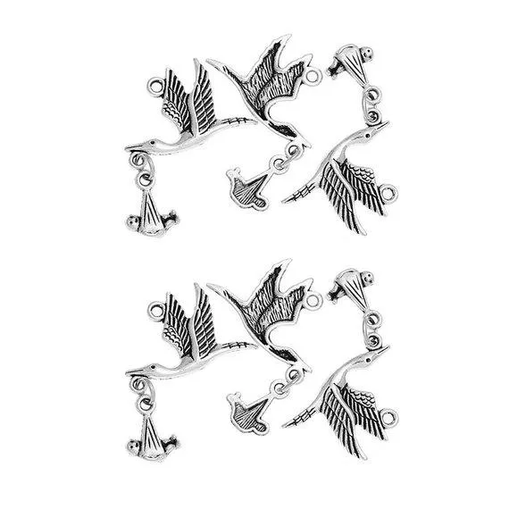 5 Pcs Tibetan Silver Flying Stork and Baby Christening 25X26mm Charms Pendants