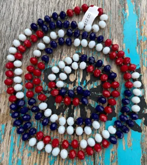 60" Hand Knotted RED WHITE & BLUE Bead Necklace