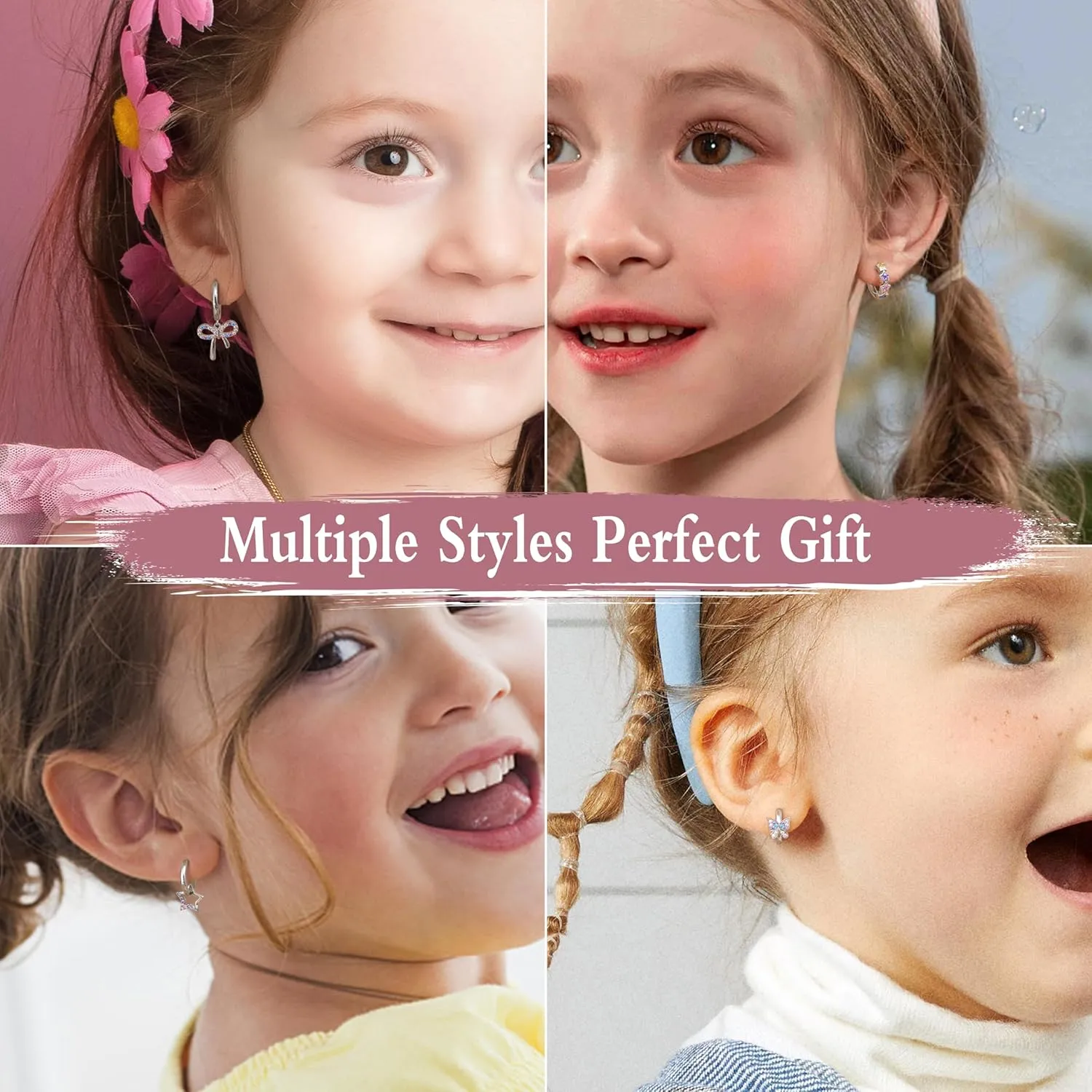 BESTEEL 4 Pairs Hypoallergenic Huggie Hoop Earrings for Girls Women Silver Small Dangle Hoop Earrings Bow Earrings Tiny Cute CZ Heart Butterfly Earrings Set Pink Colorful Star Earrings for Sensitive Ears(over 3 years old)