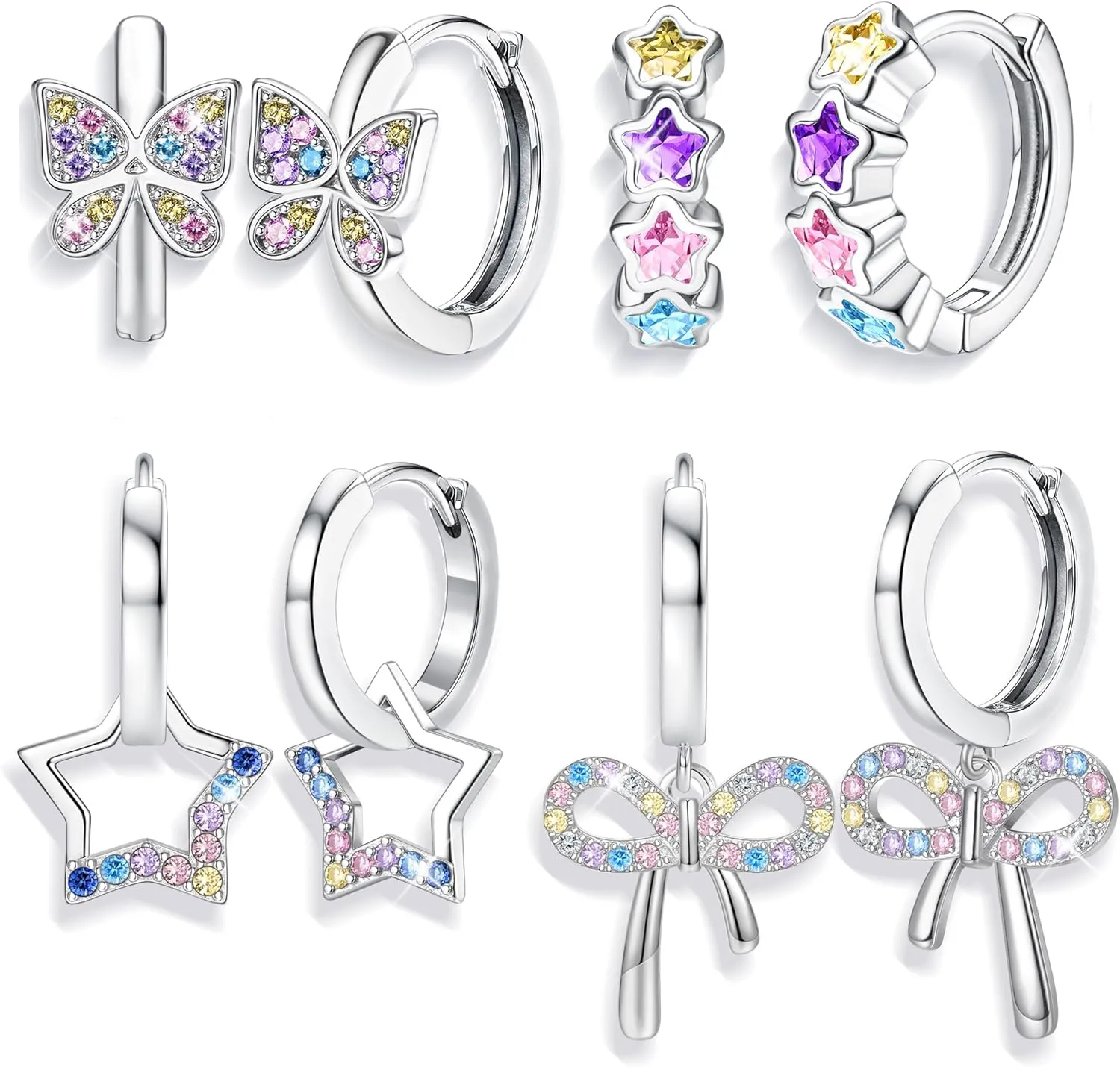 BESTEEL 4 Pairs Hypoallergenic Huggie Hoop Earrings for Girls Women Silver Small Dangle Hoop Earrings Bow Earrings Tiny Cute CZ Heart Butterfly Earrings Set Pink Colorful Star Earrings for Sensitive Ears(over 3 years old)