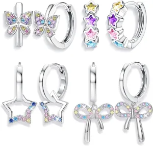 BESTEEL 4 Pairs Hypoallergenic Huggie Hoop Earrings for Girls Women Silver Small Dangle Hoop Earrings Bow Earrings Tiny Cute CZ Heart Butterfly Earrings Set Pink Colorful Star Earrings for Sensitive Ears(over 3 years old)