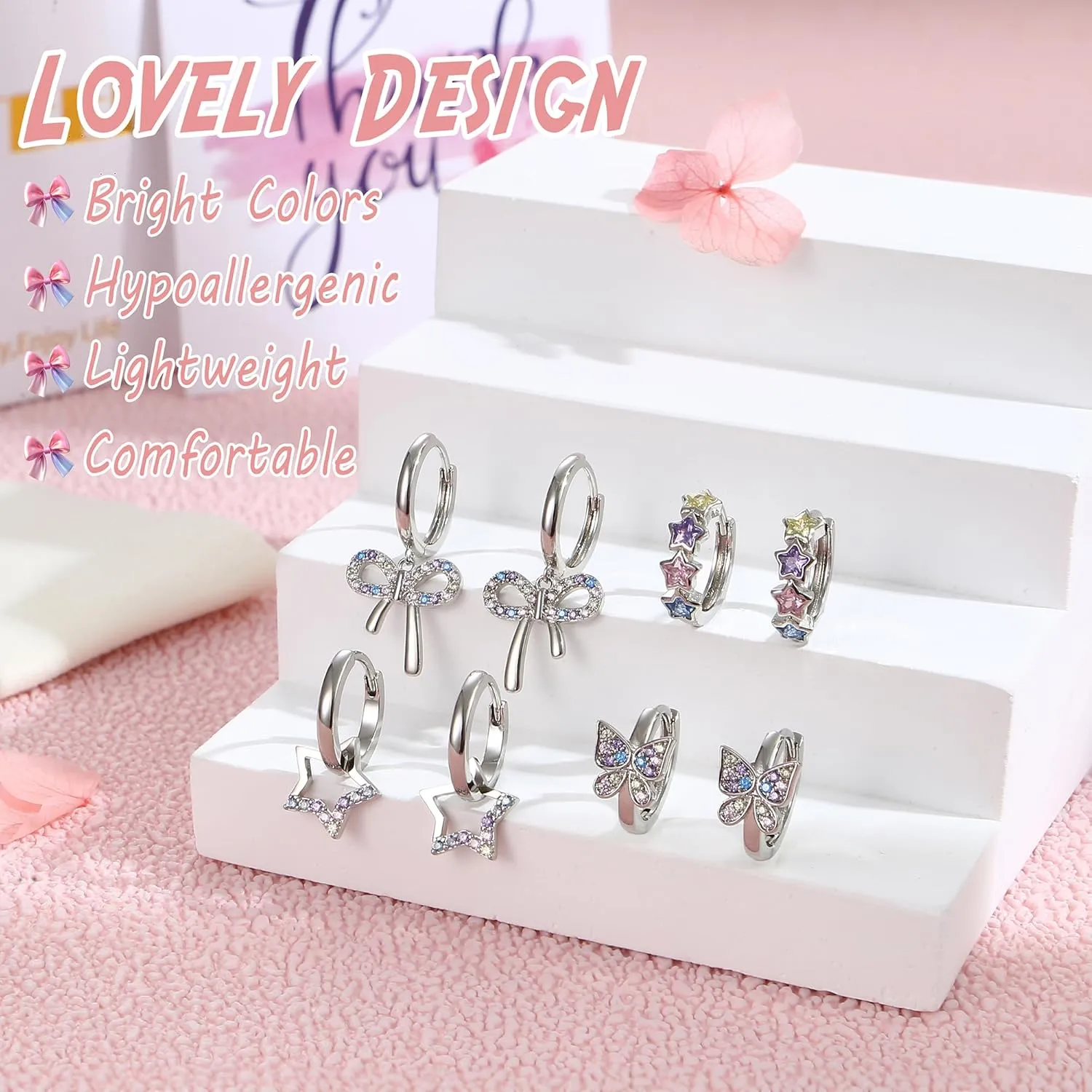 BESTEEL 4 Pairs Hypoallergenic Huggie Hoop Earrings for Girls Women Silver Small Dangle Hoop Earrings Bow Earrings Tiny Cute CZ Heart Butterfly Earrings Set Pink Colorful Star Earrings for Sensitive Ears(over 3 years old)