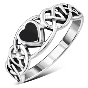 Celtic Knot Black Onyx Heart Silver Ring