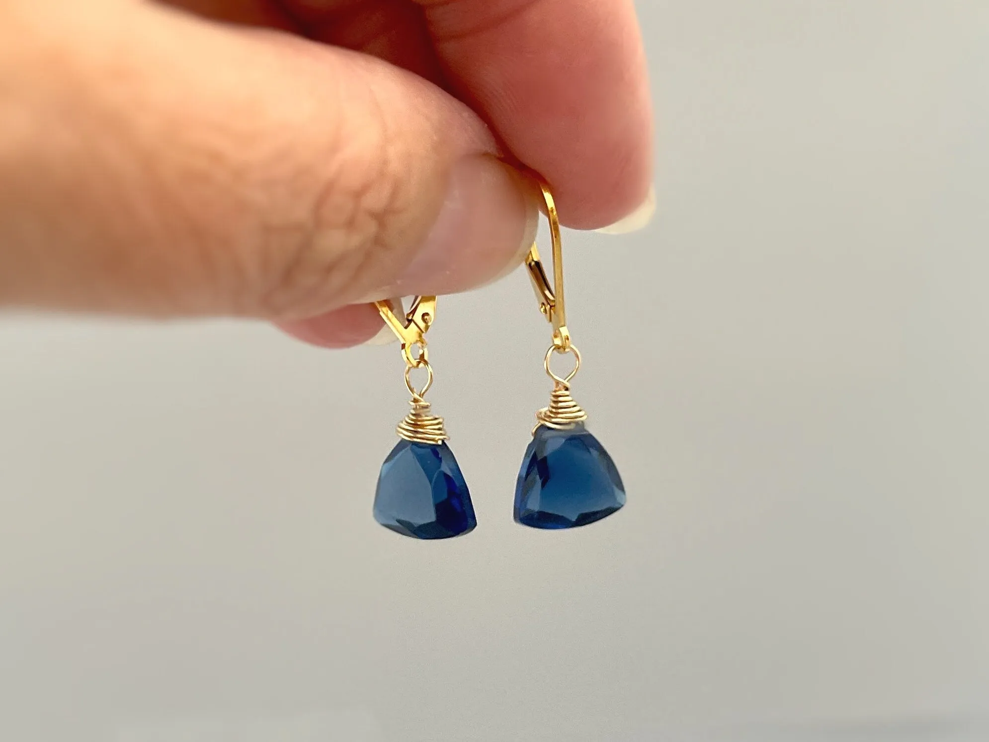 Dainty Sapphire Blue Quartz Earrings dangly 14k gold, sterling silver