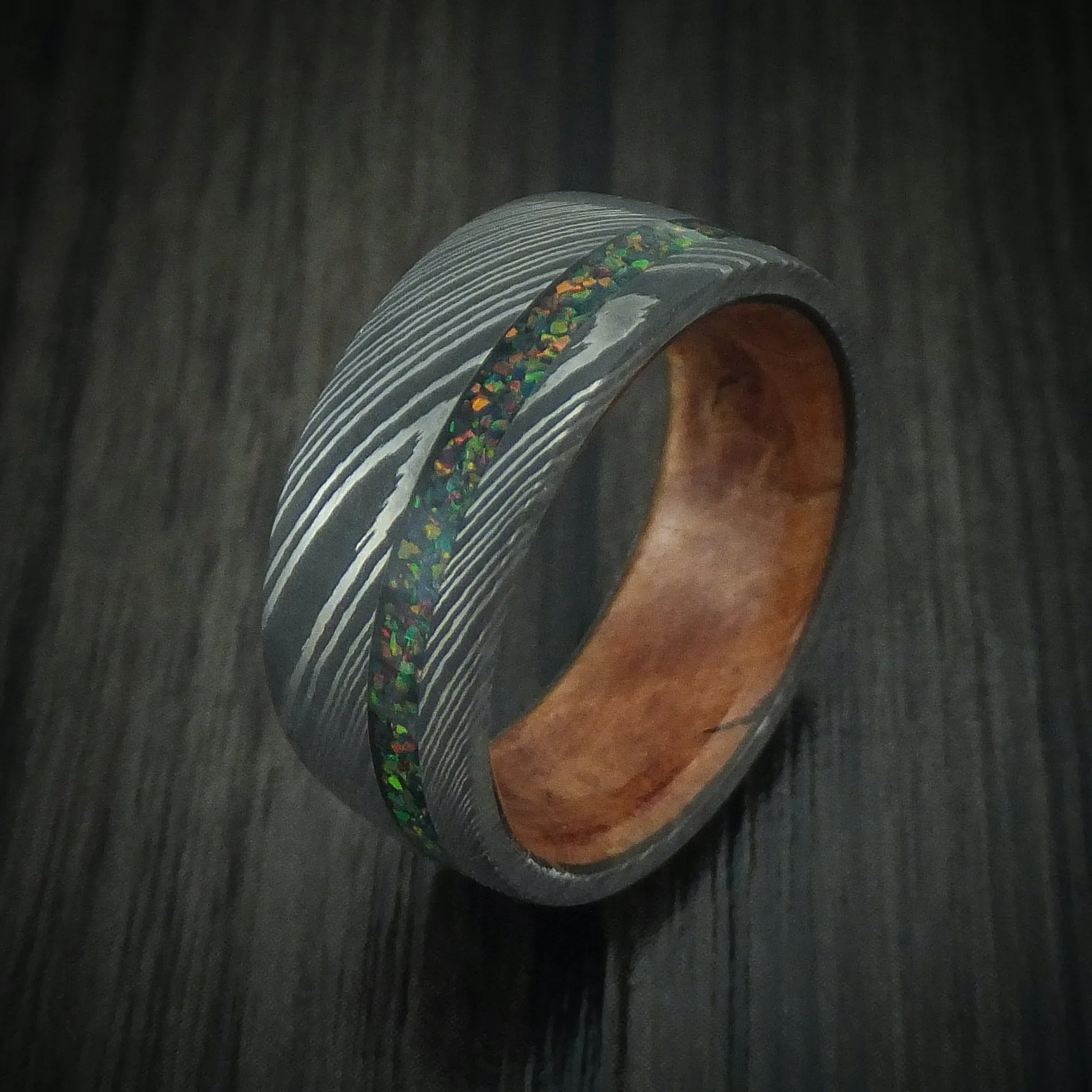 Damascus Steel Men's Ring with Opal Inlay and Wood Sleeve Custom Band