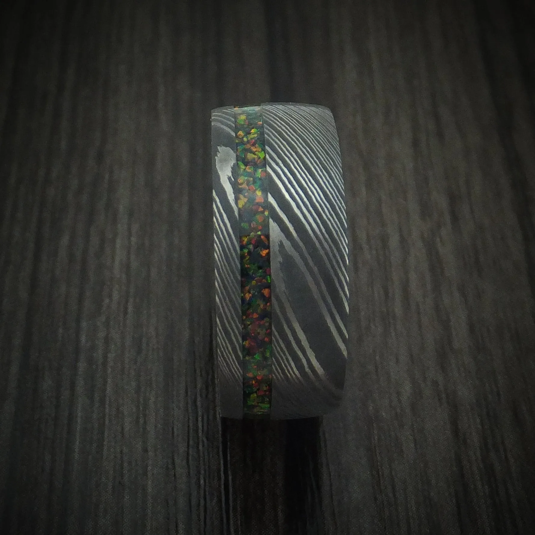 Damascus Steel Men's Ring with Opal Inlay and Wood Sleeve Custom Band