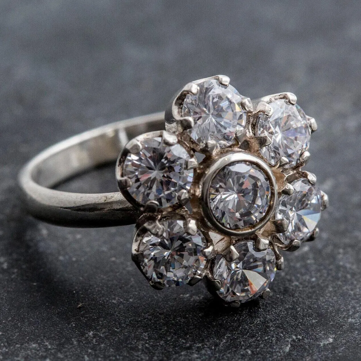 Diamond Flower Ring - Sparkly Floral Ring, Vintage Flower Ring
