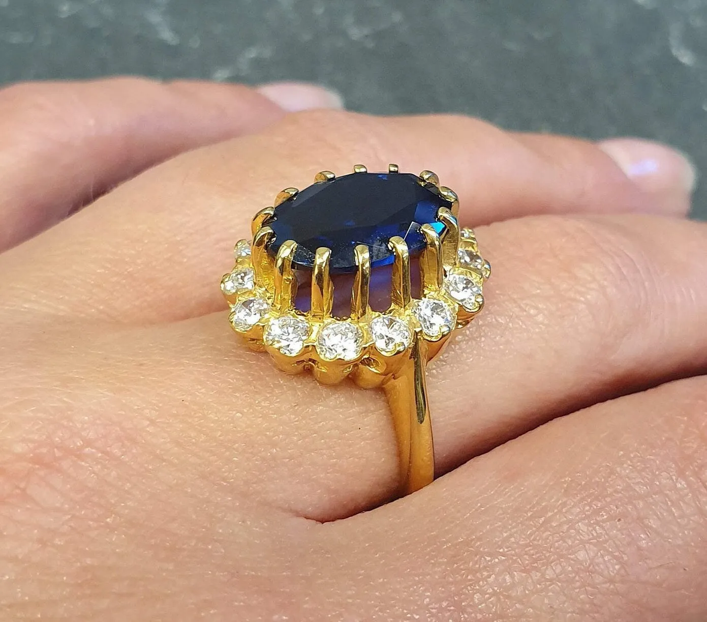 Gold Sapphire Ring - Princess Diana Ring - Large Cocktail Ring