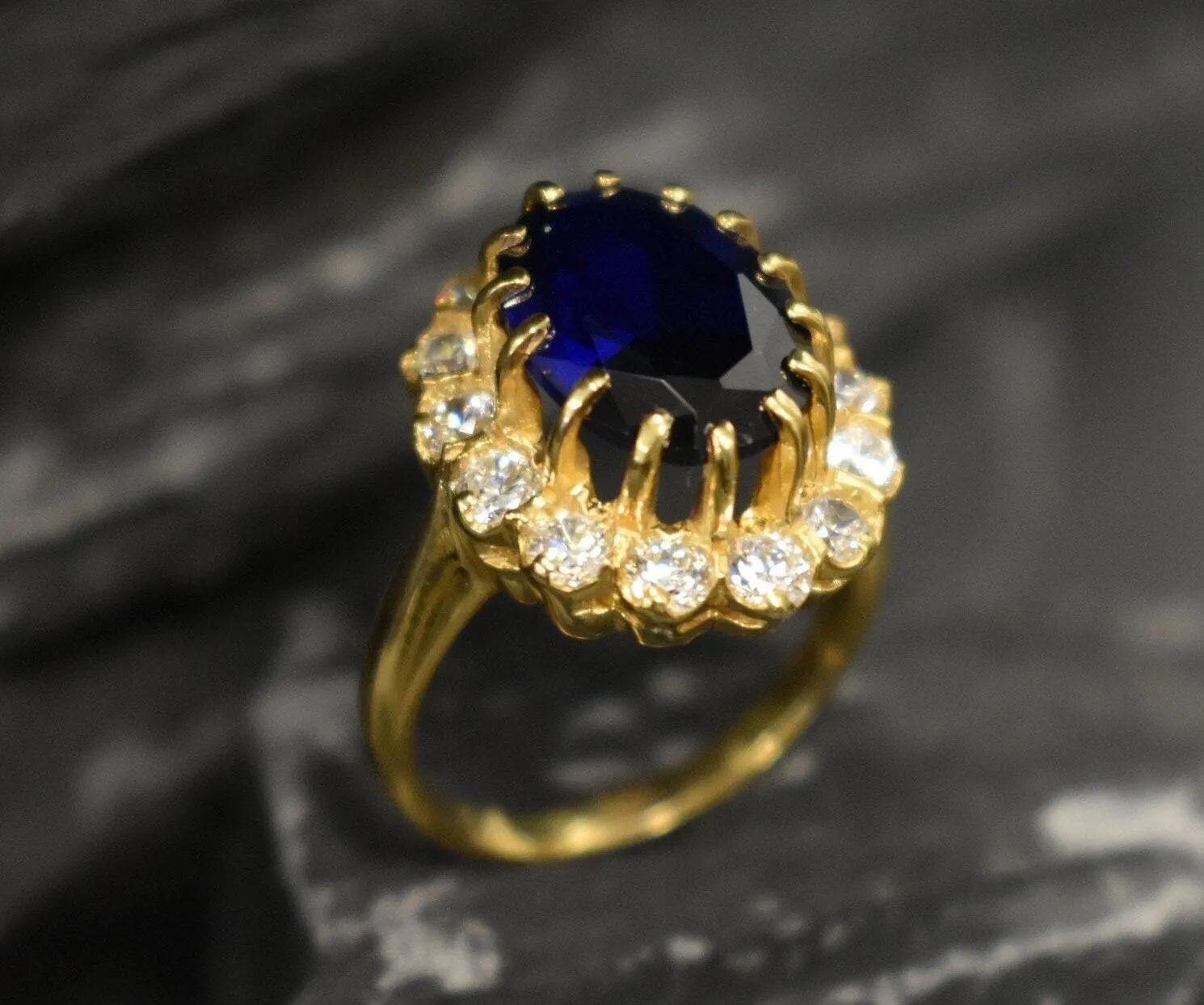 Gold Sapphire Ring - Princess Diana Ring - Large Cocktail Ring
