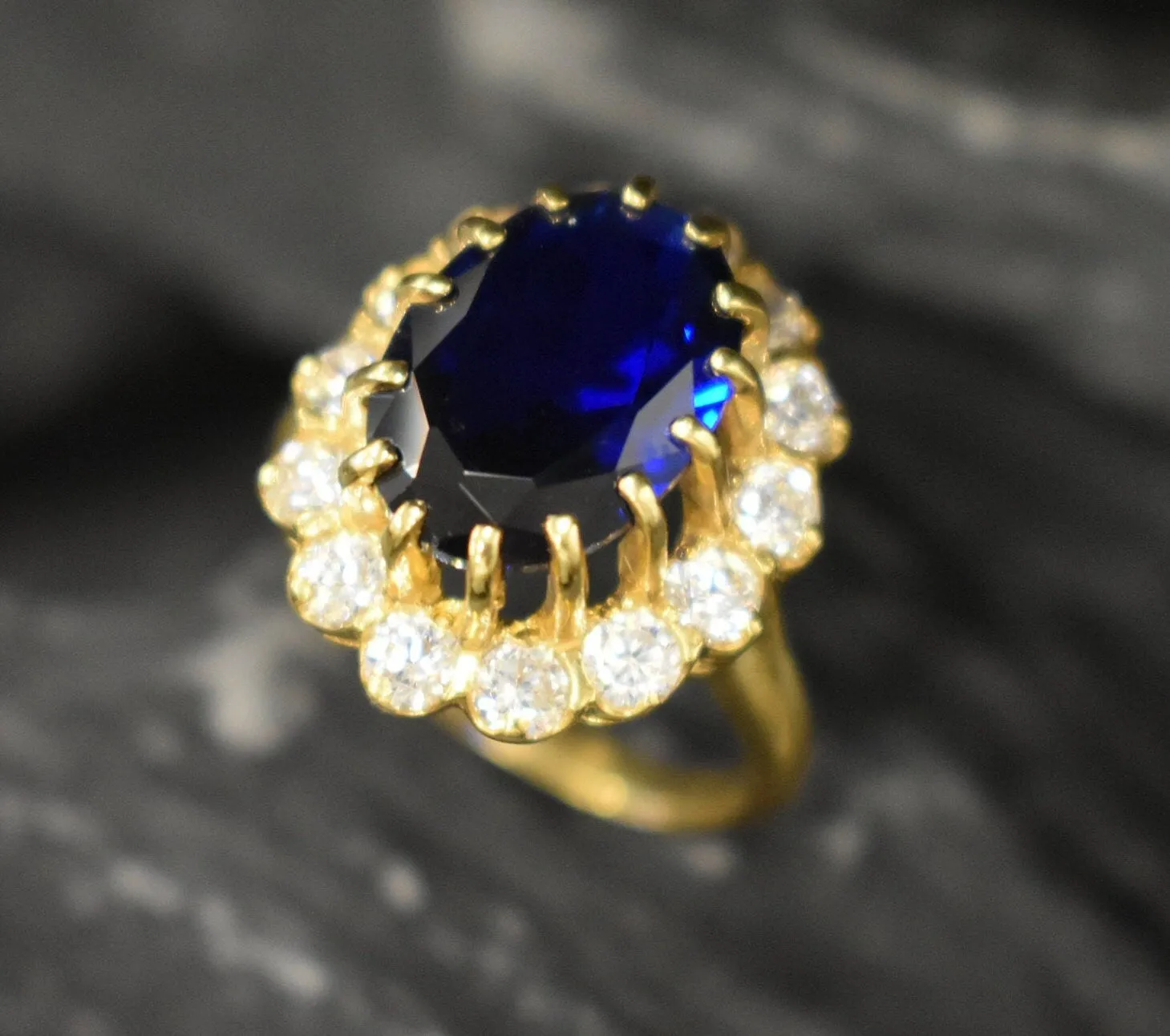 Gold Sapphire Ring - Princess Diana Ring - Large Cocktail Ring
