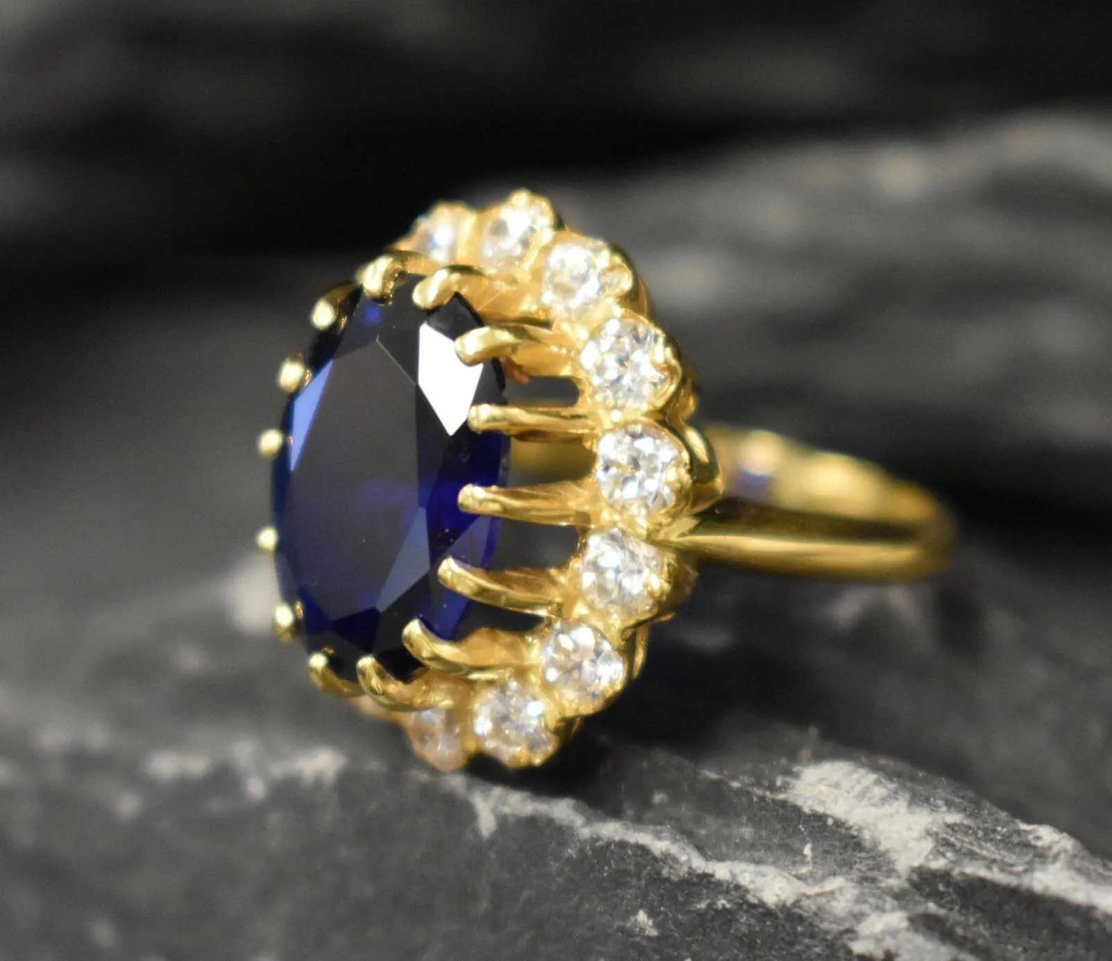 Gold Sapphire Ring - Princess Diana Ring - Large Cocktail Ring