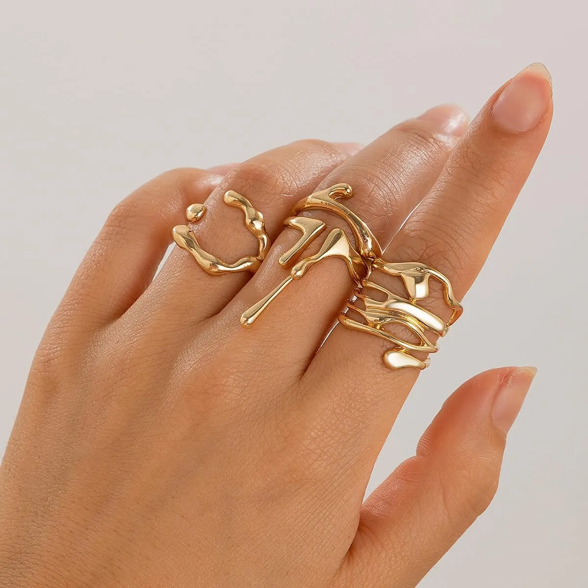 Gold Silver Liquid Stackable Rings Set Chunky Waterdrop Stacking Knuckle Finger Rings Lava Punk Hip Hop Statement Open Rings Jewelry for Women