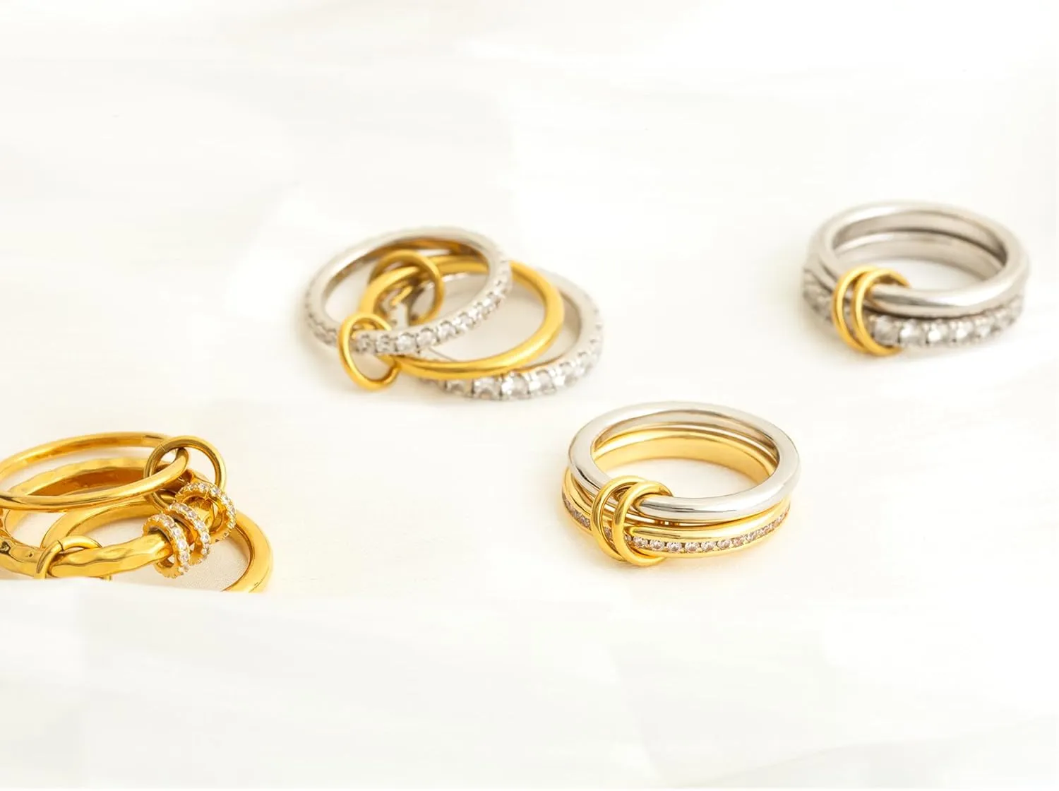 Gold Stackable Rings for Women Non Tarnish,Dainty 18k Gold Plated CZ Cubic Zirconia Rings,Silver and Gold Rings Set,Multi-Link Connected Rings