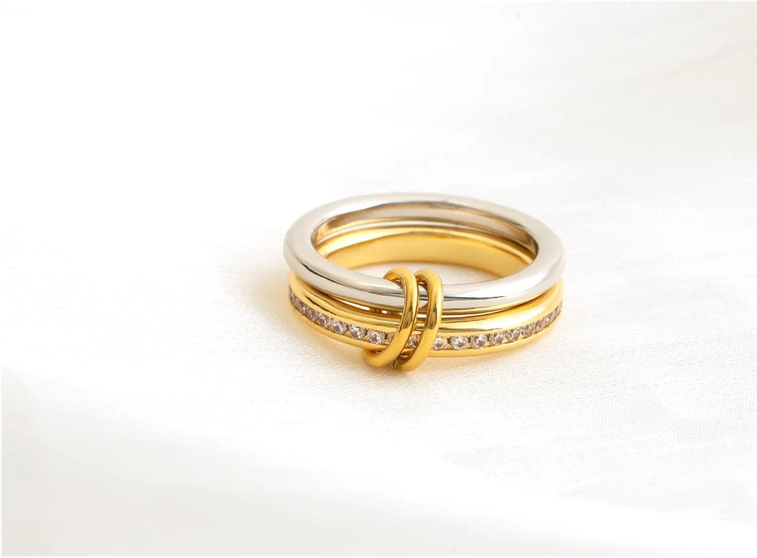 Gold Stackable Rings for Women Non Tarnish,Dainty 18k Gold Plated CZ Cubic Zirconia Rings,Silver and Gold Rings Set,Multi-Link Connected Rings