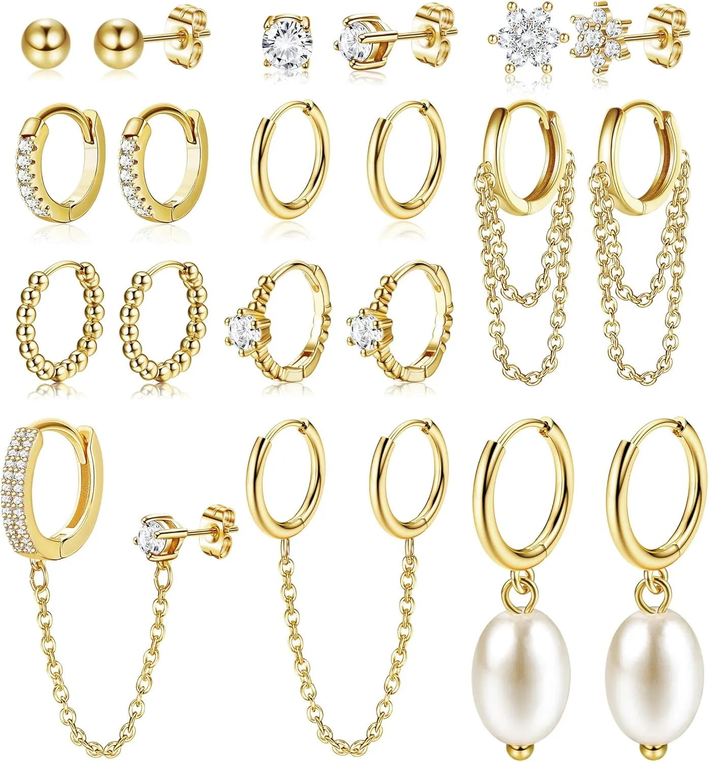 HAIAISO 10 Pairs Small Gold Huggie Hoop Earrings for Women Lightweight Double Piercing Chain Earrings Dainty Gold Stud Earrings Hypoallergenic Gold Hoop Earrings Set