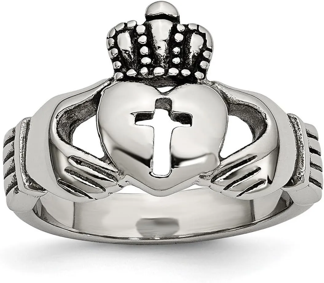 JewelryWeb Stainless Steel Polished Artisan Oxidized Irish Claddagh Celtic Trinity Knot With Religious Faith Cross Ring Size 5 Band Style-Ring for Women