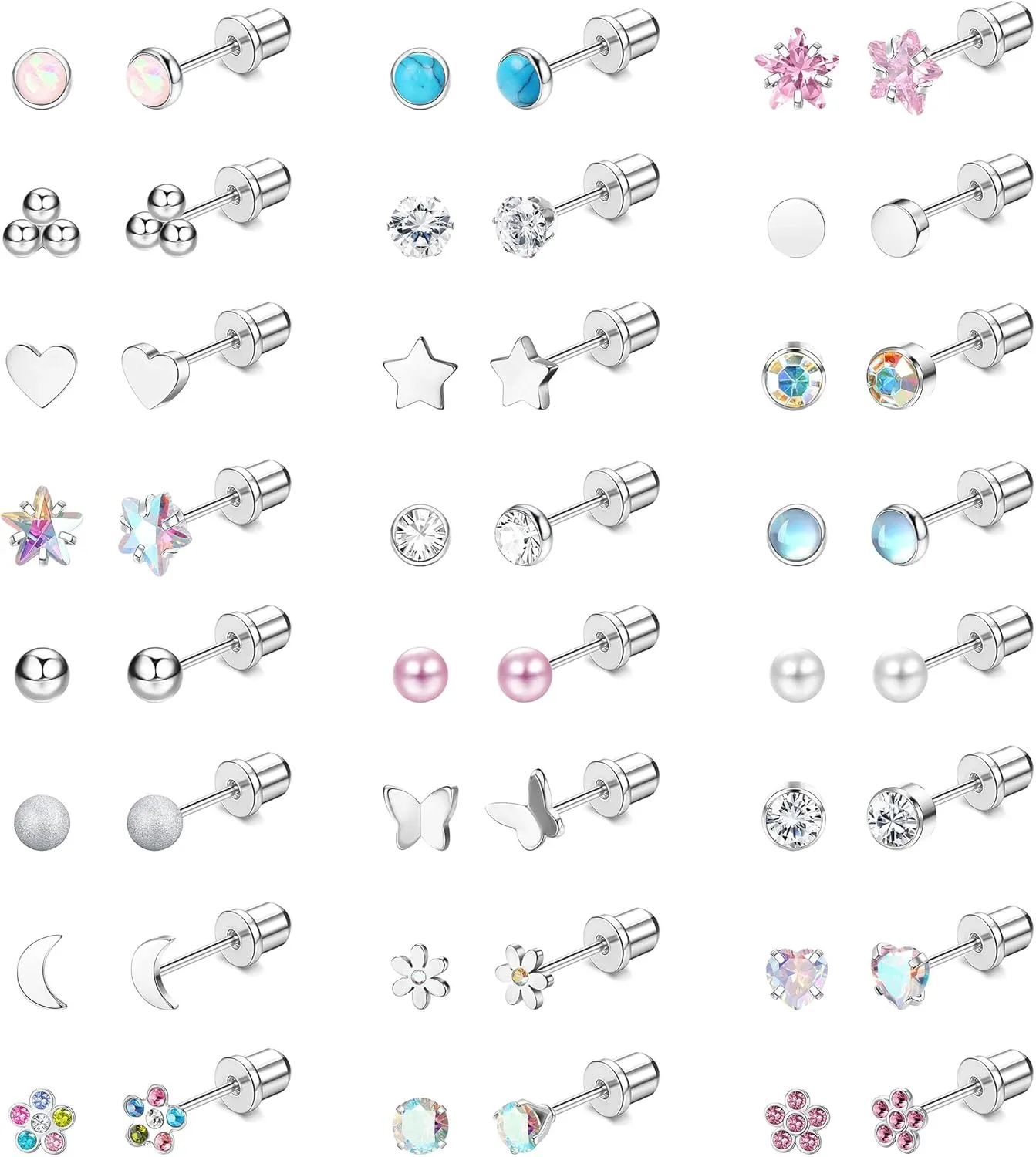 LOYALLOOK 24Pairs Screw Back Earrings Stud for Girls Women Surgical Steel Hypoallergenic Cartilage Stud Earrings Tiny Opal CZ Screwback Flat Back Stud Earrings Set Piercing Jewelry Multicolored 20G