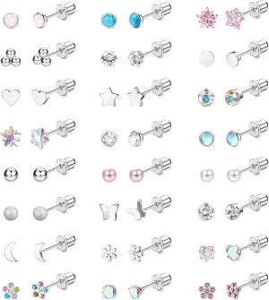 LOYALLOOK 24Pairs Screw Back Earrings Stud for Girls Women Surgical Steel Hypoallergenic Cartilage Stud Earrings Tiny Opal CZ Screwback Flat Back Stud Earrings Set Piercing Jewelry Multicolored 20G