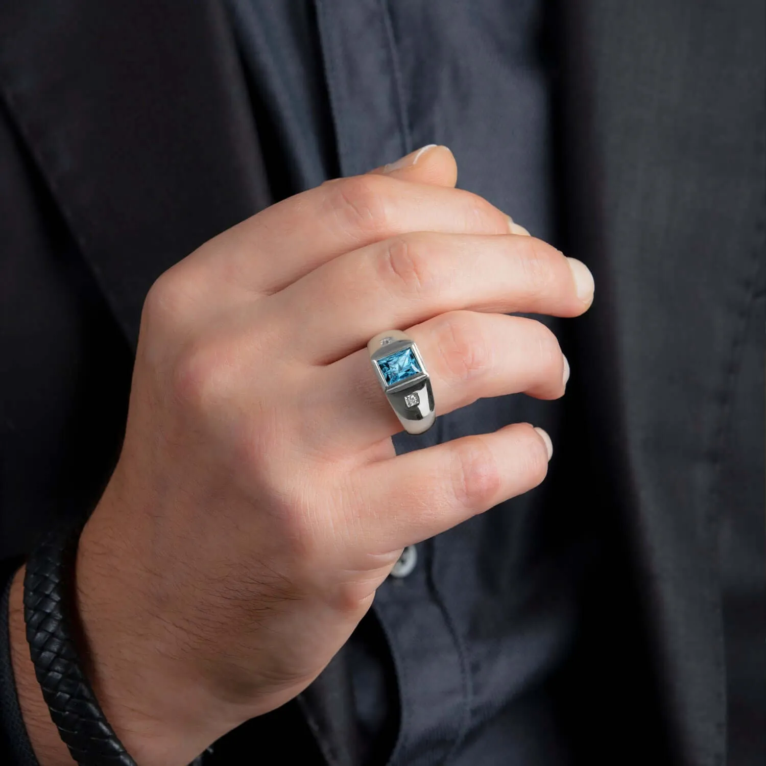 Men's Statement Ring Natural Diamonds & Gemstone in Solid Silver