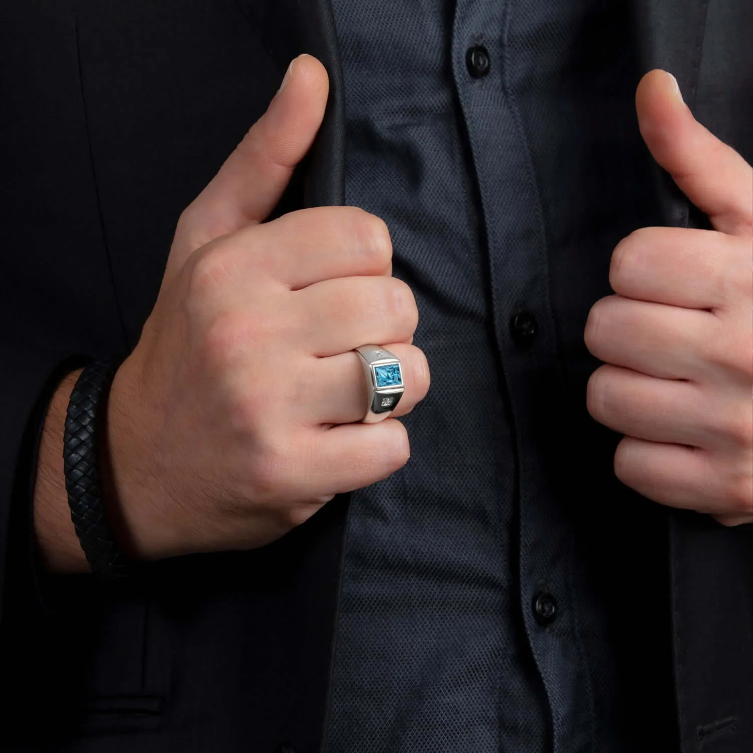 Men's Statement Ring Natural Diamonds & Gemstone in Solid Silver