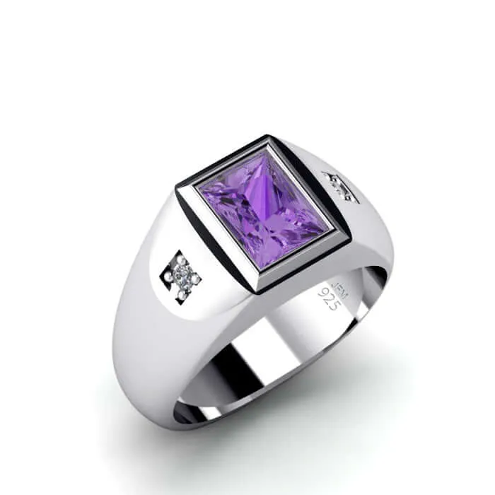 Men's Statement Ring Natural Diamonds & Gemstone in Solid Silver