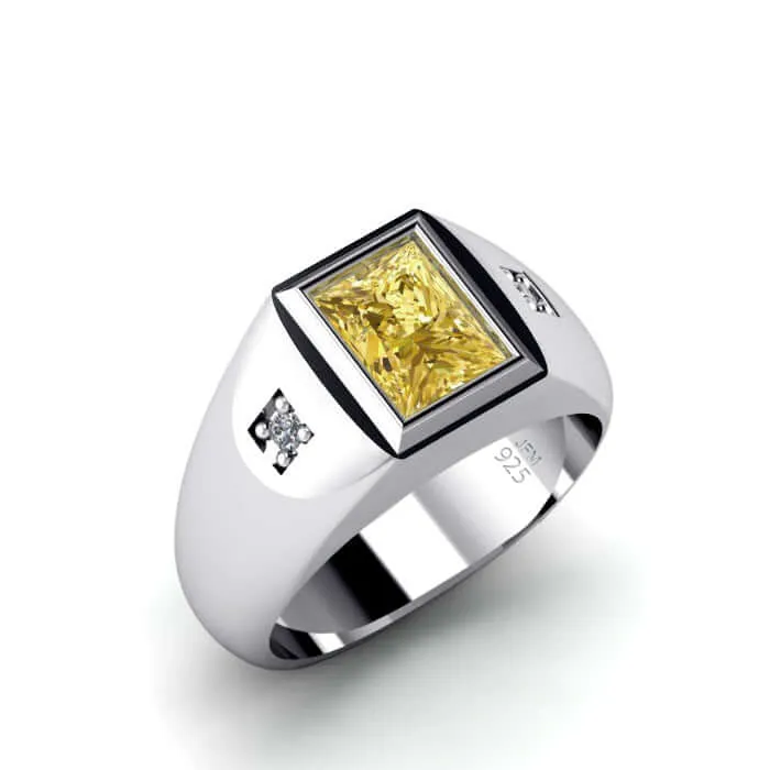 Men's Statement Ring Natural Diamonds & Gemstone in Solid Silver