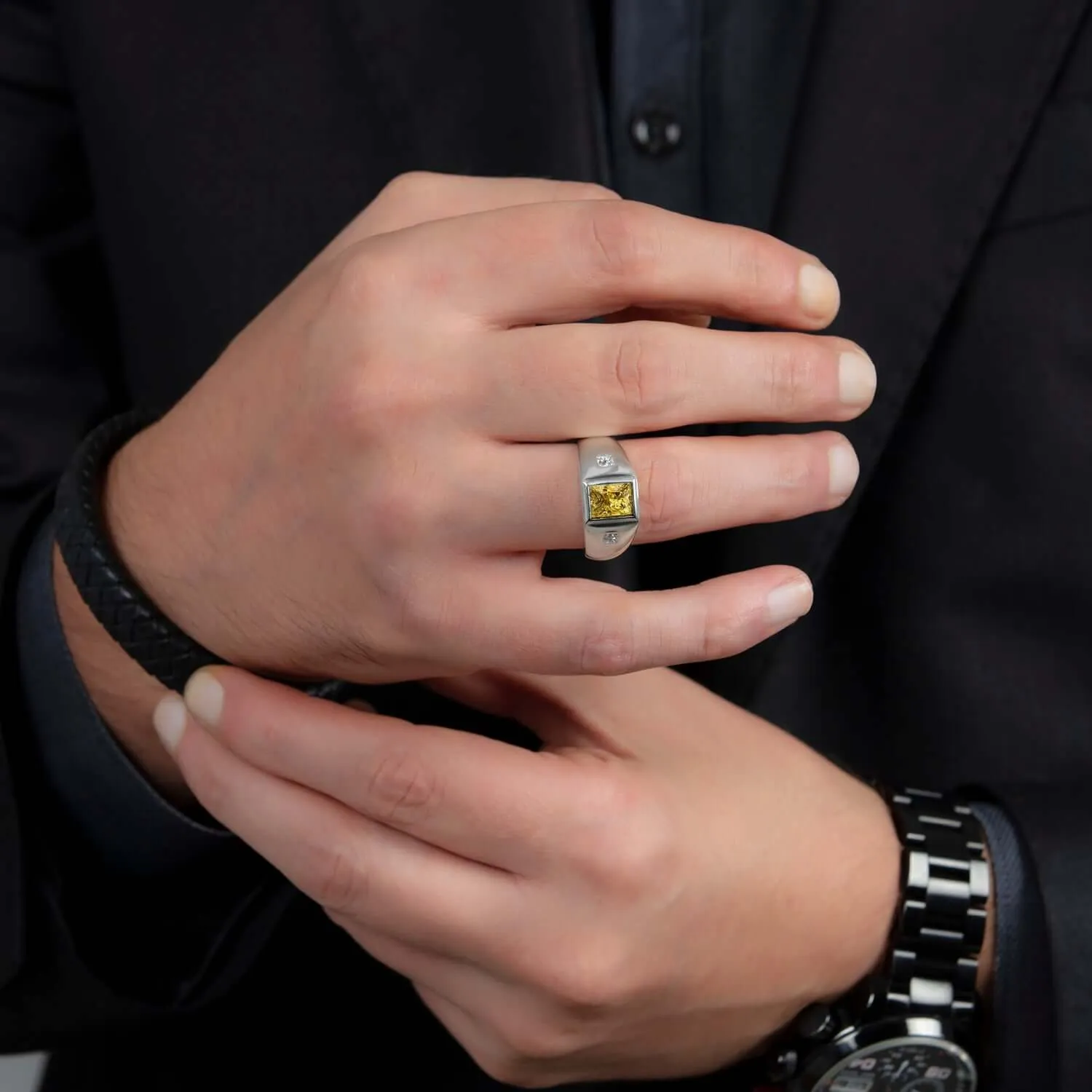 Men's Statement Ring Natural Diamonds & Gemstone in Solid Silver