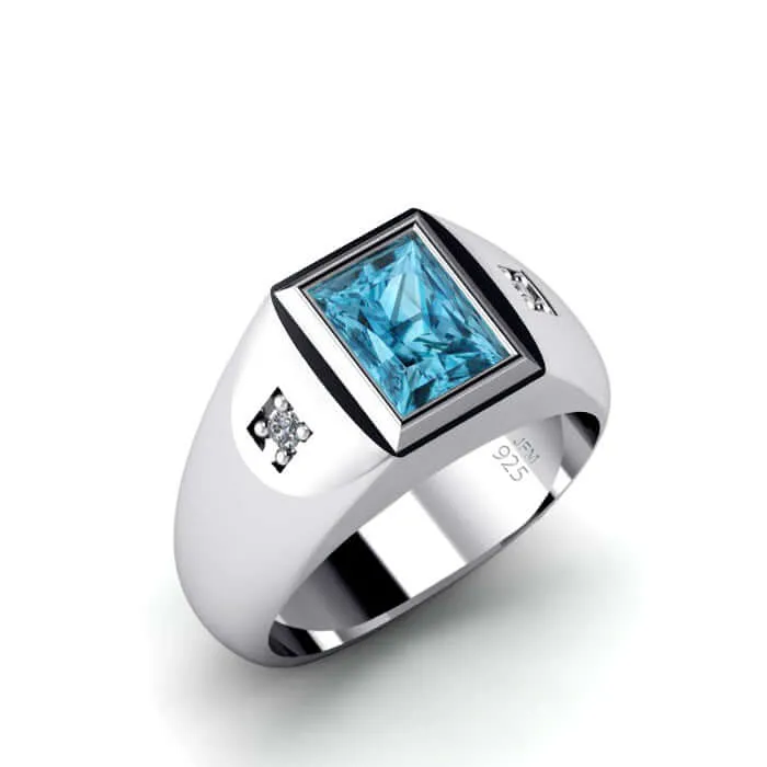 Men's Statement Ring Natural Diamonds & Gemstone in Solid Silver
