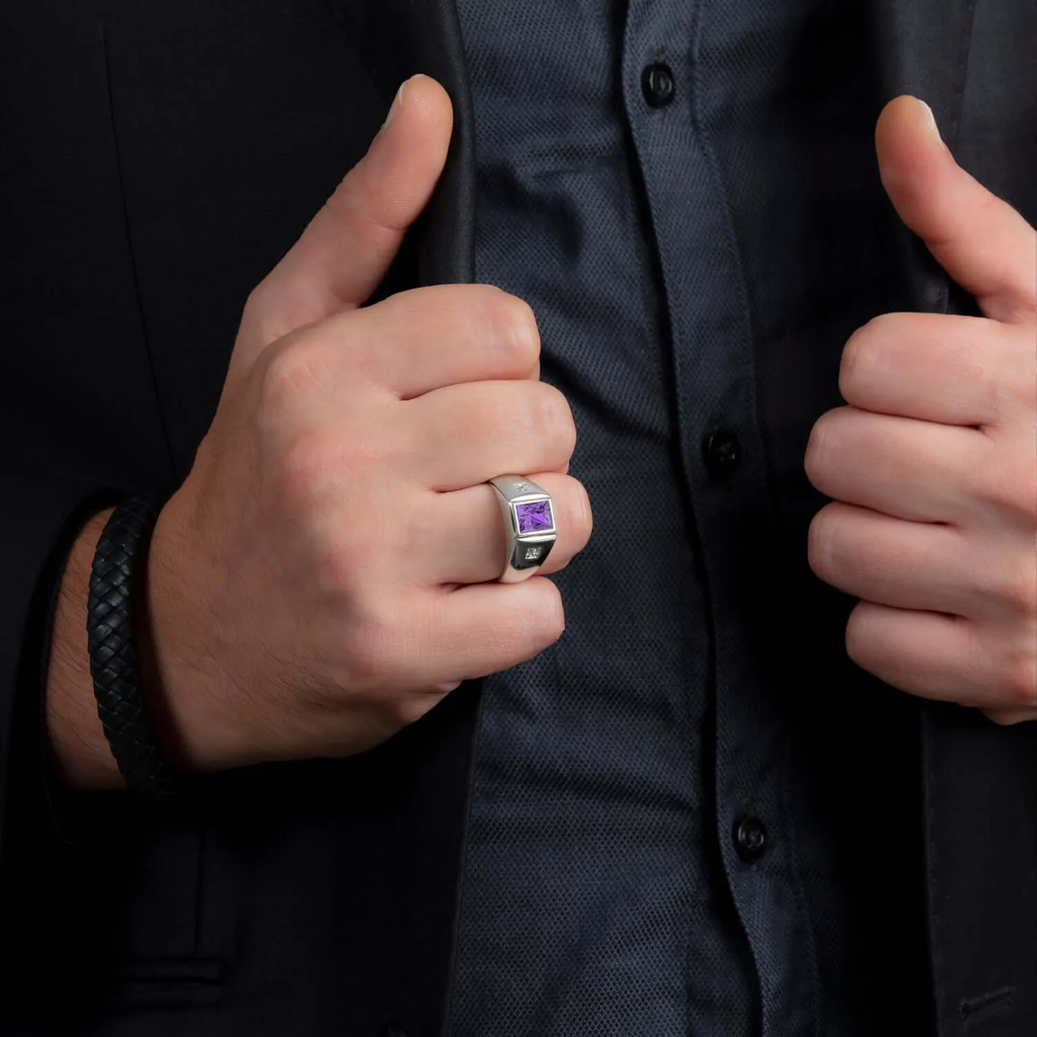 Men's Statement Ring Natural Diamonds & Gemstone in Solid Silver