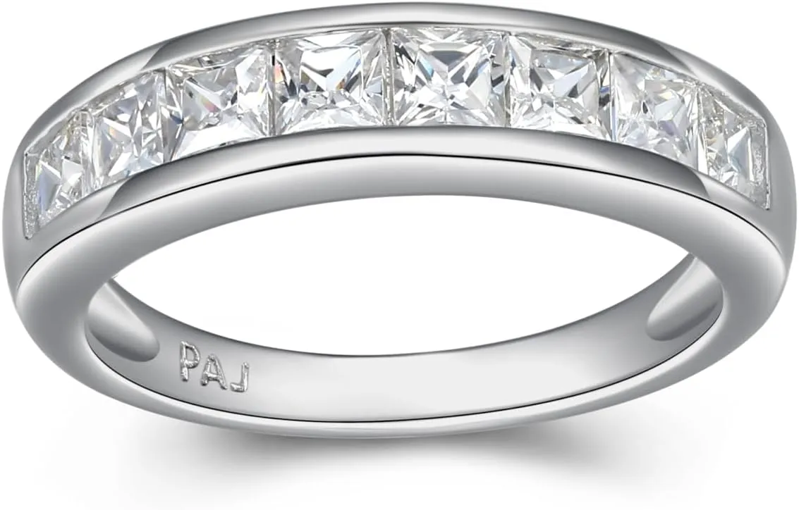 MORGAN & PAIGE .925 Sterling Silver Platinum or 18K Gold Plated Anniversary Wedding Rings for Women - Classic Channel-Set Princess Cut Cubic Zirconia Ring, Stackable Wedding Bands for Women Size 5-9