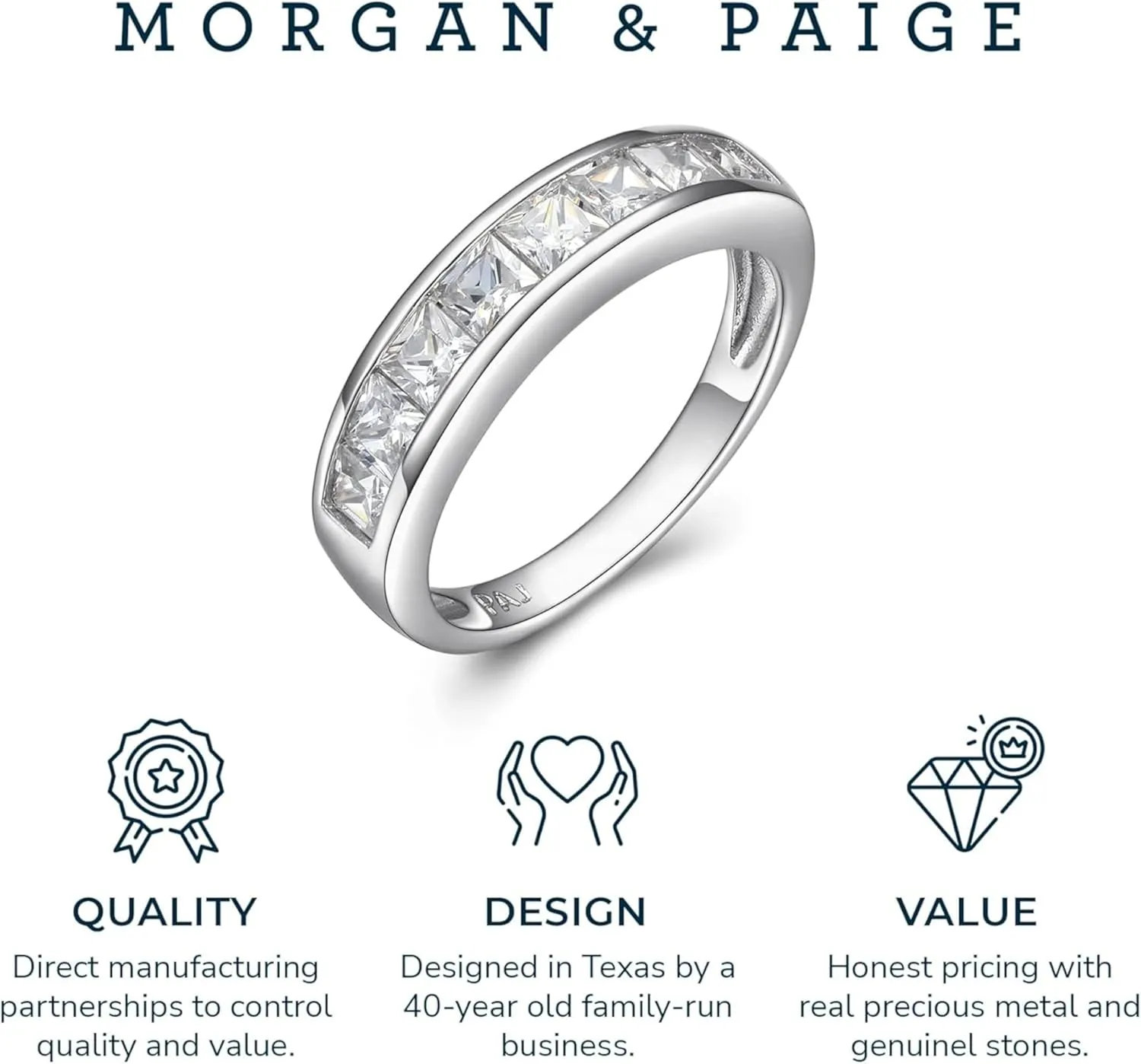 MORGAN & PAIGE .925 Sterling Silver Platinum or 18K Gold Plated Anniversary Wedding Rings for Women - Classic Channel-Set Princess Cut Cubic Zirconia Ring, Stackable Wedding Bands for Women Size 5-9