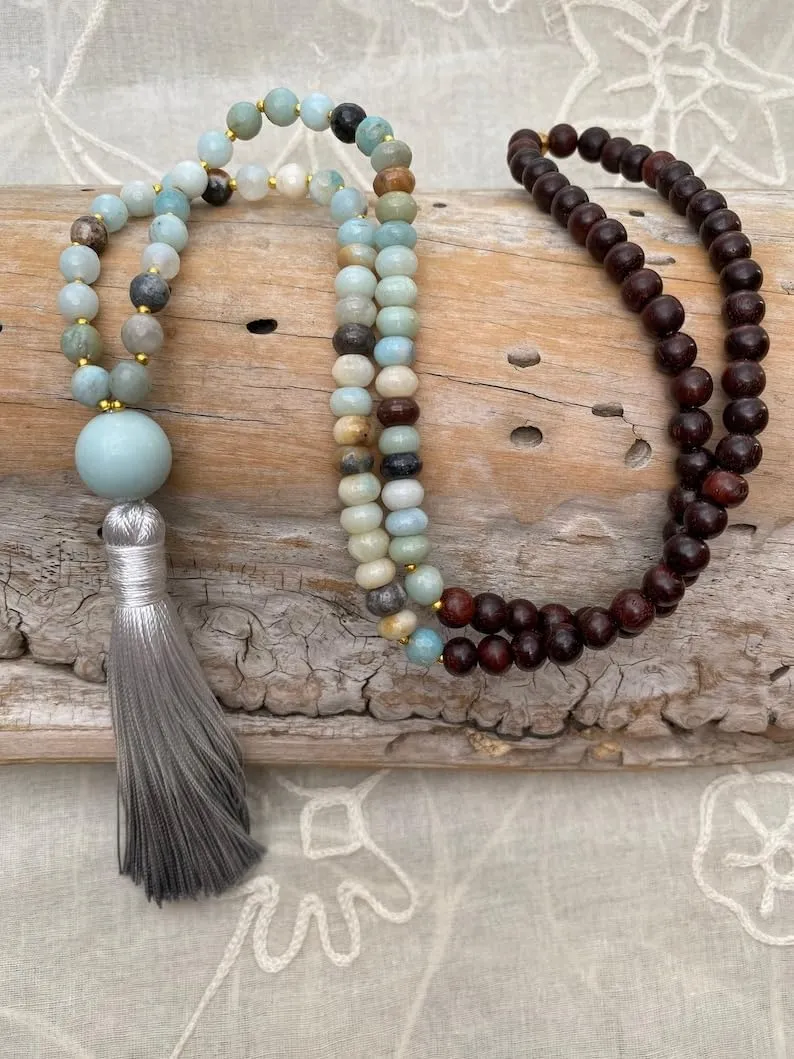 Natural AMAZONITE & SANDALWOOD 8mm 108 Mala Beads, Spiritual, Meditation Beads, Reiki, Japa Mala, Buddhist Prayer Beads, Yoga Bracelet, healing beads LKMALA-RRGU-2327