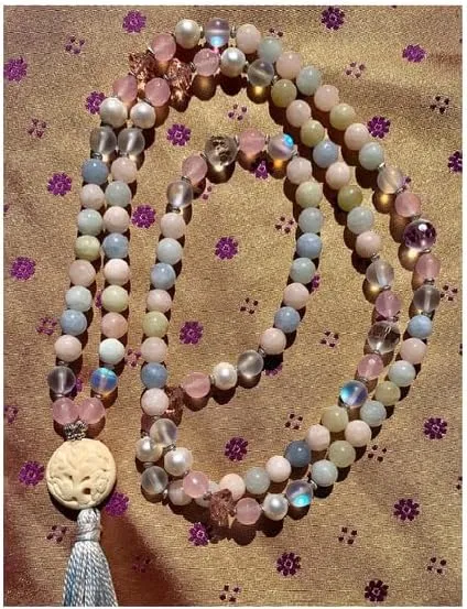 Natural Morganite,Hologram Quartz 6mm 108 Mala Beads, Spiritual, Meditation Beads, Reiki, Japa Mala, Buddhist Prayer Beads, Yoga Bracelet, healing beads LKMALA-RRGU-3869