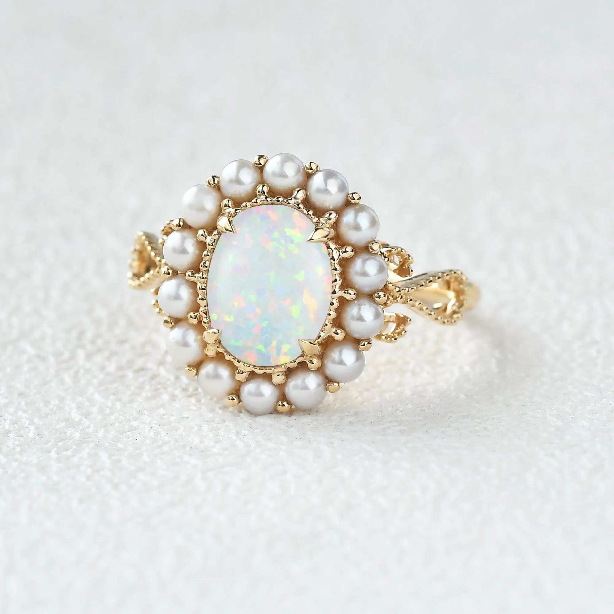 Oval Cut Lab Opal & Pearls Halo Rose Gold Ring
