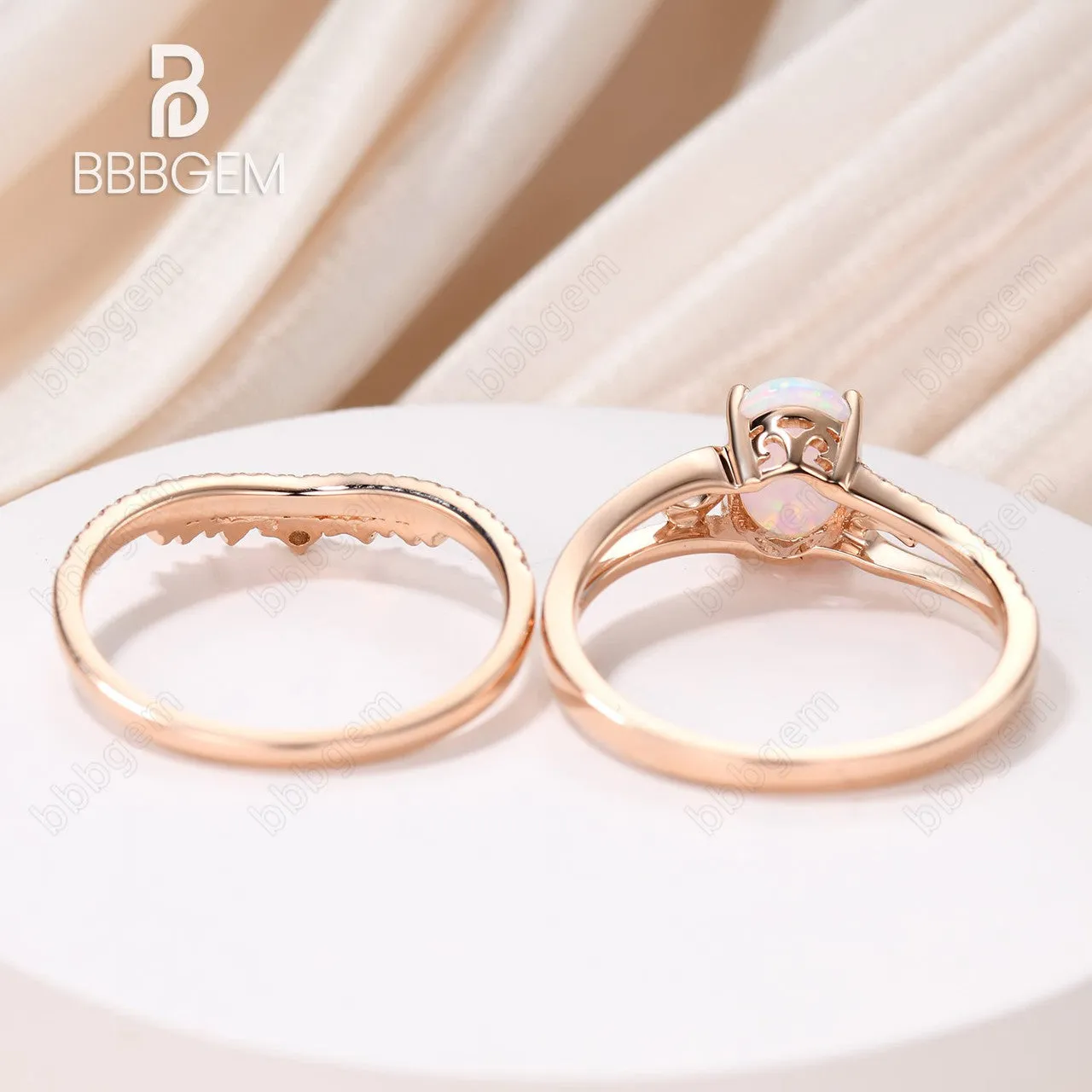 Oval Opal Engagement Ring Set Rose Gold Antique Curved Wedding Ring Set Unique Diamond Wedding Band