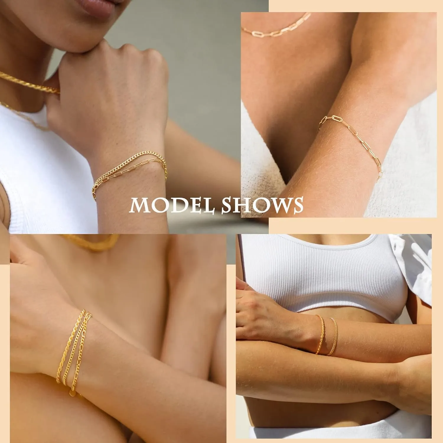 Reoxvo Dainty Bracelets for Women Trendy, Sterling Silver Plated Brass Link Chain Charm Bracelet Set for Women Stack 14K Gold Plated Brass Link Bracelets Jewelry Gift for Women