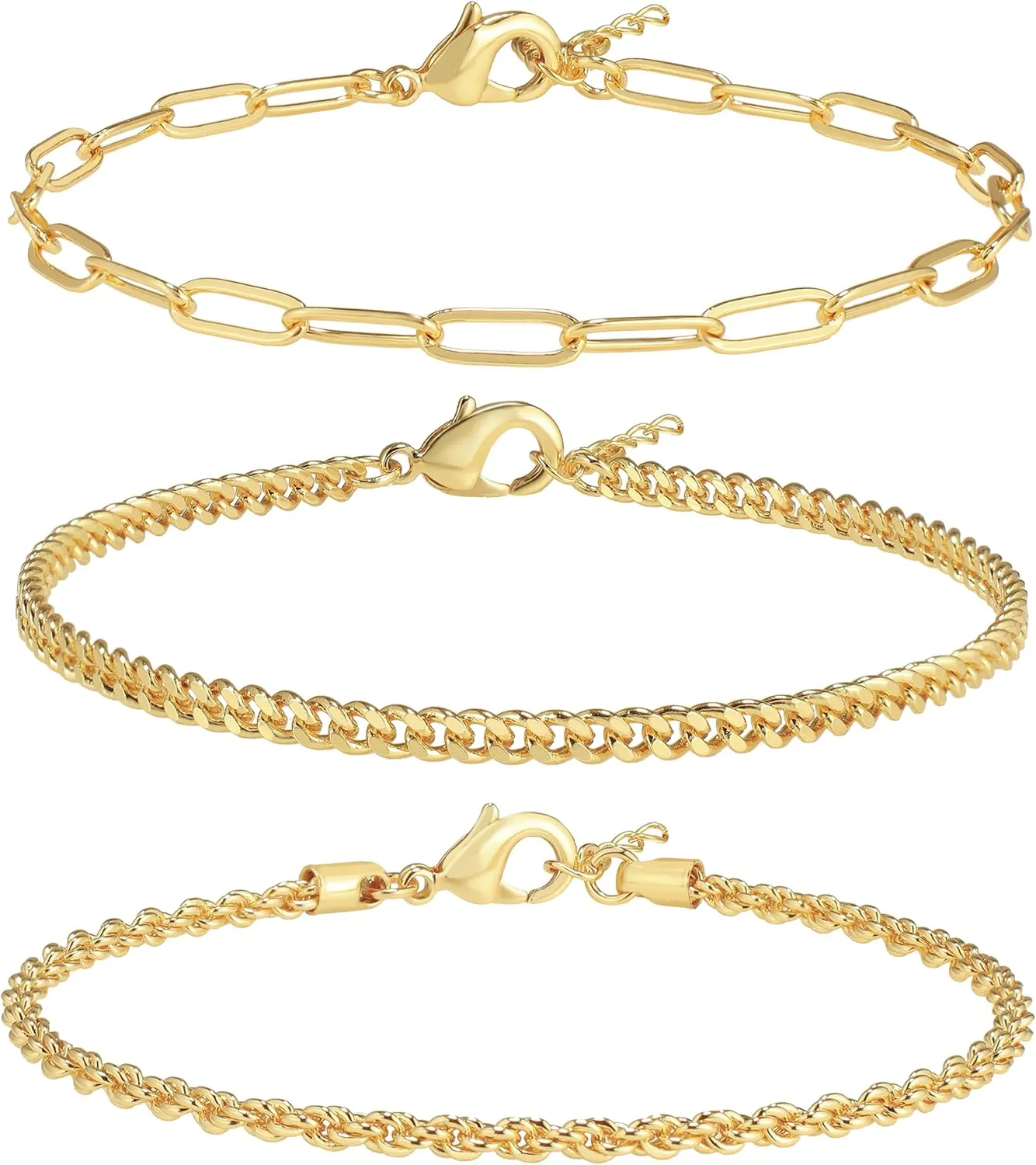 Reoxvo Dainty Bracelets for Women Trendy, Sterling Silver Plated Brass Link Chain Charm Bracelet Set for Women Stack 14K Gold Plated Brass Link Bracelets Jewelry Gift for Women