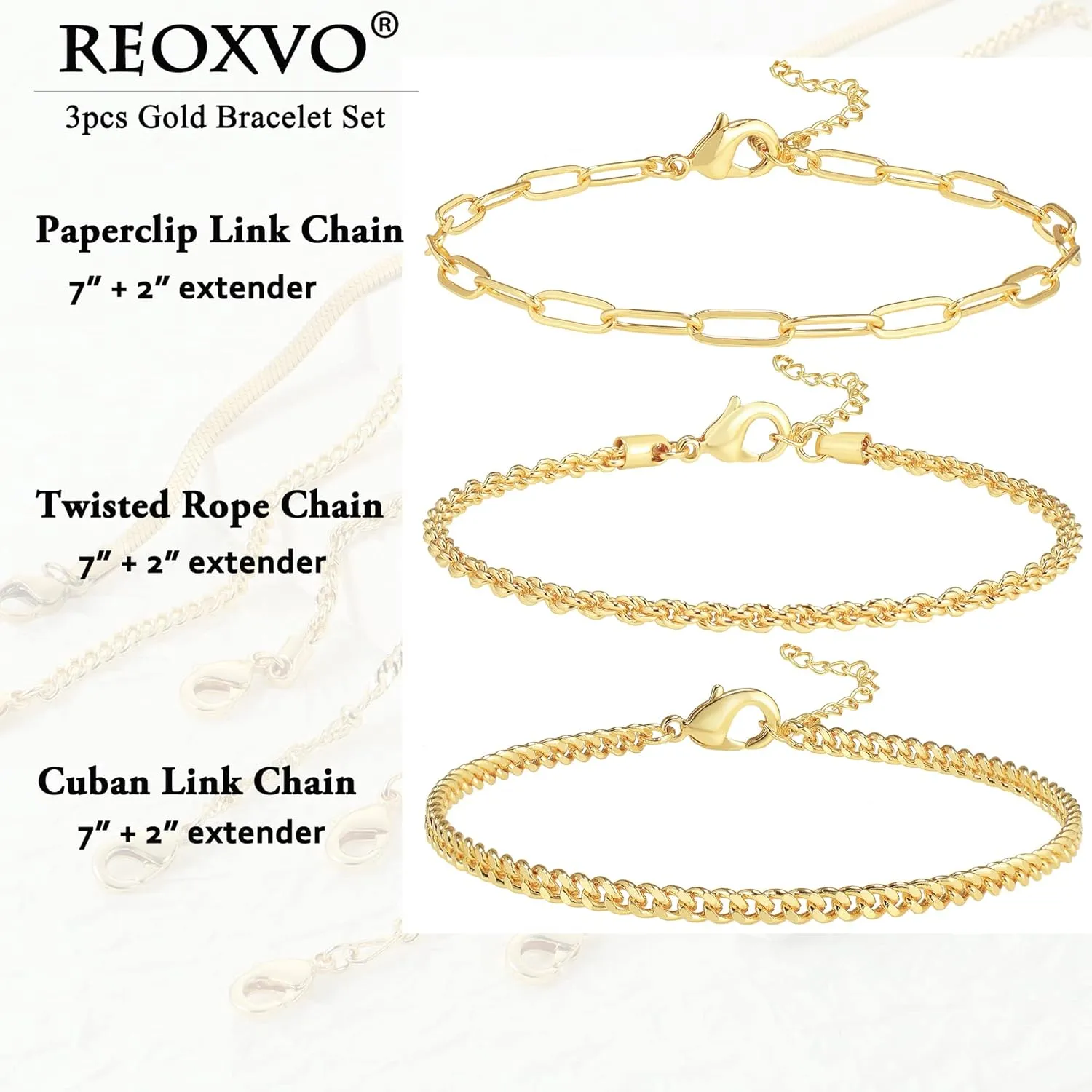 Reoxvo Dainty Bracelets for Women Trendy, Sterling Silver Plated Brass Link Chain Charm Bracelet Set for Women Stack 14K Gold Plated Brass Link Bracelets Jewelry Gift for Women