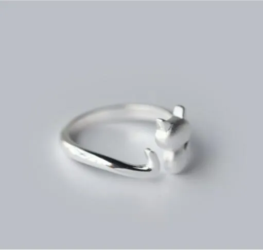 S925 Silver Small Cute Cat Frosted Open Engagement Wedding Rings for Women