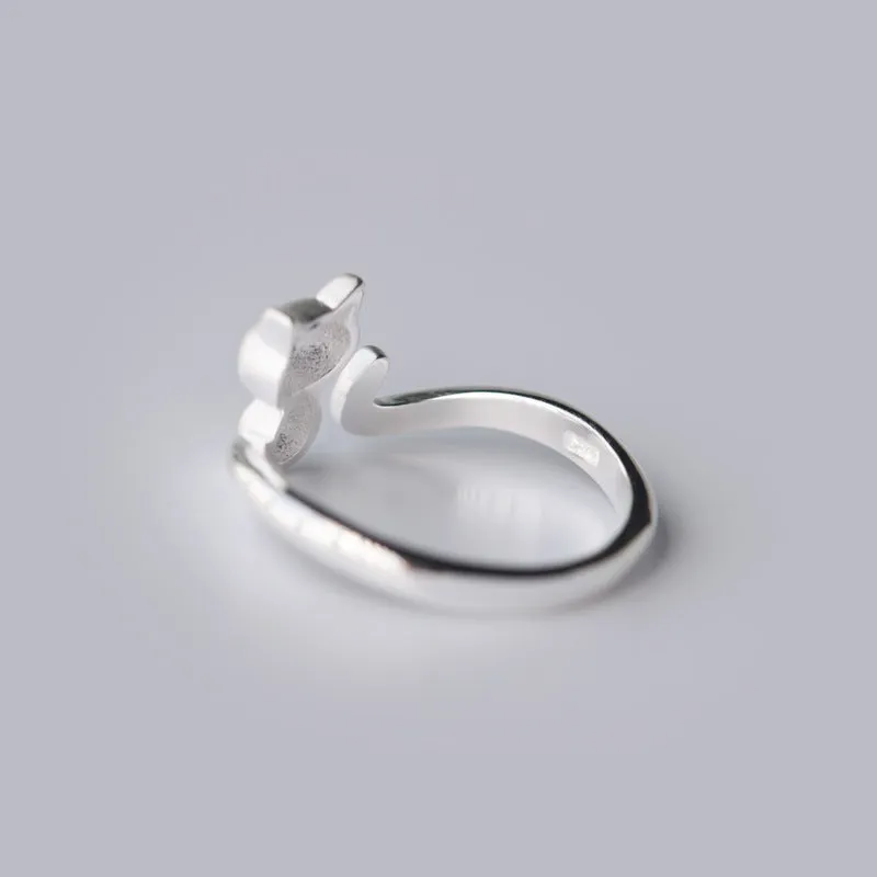 S925 Silver Small Cute Cat Frosted Open Engagement Wedding Rings for Women