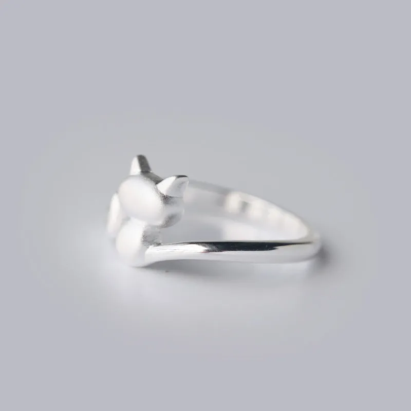 S925 Silver Small Cute Cat Frosted Open Engagement Wedding Rings for Women