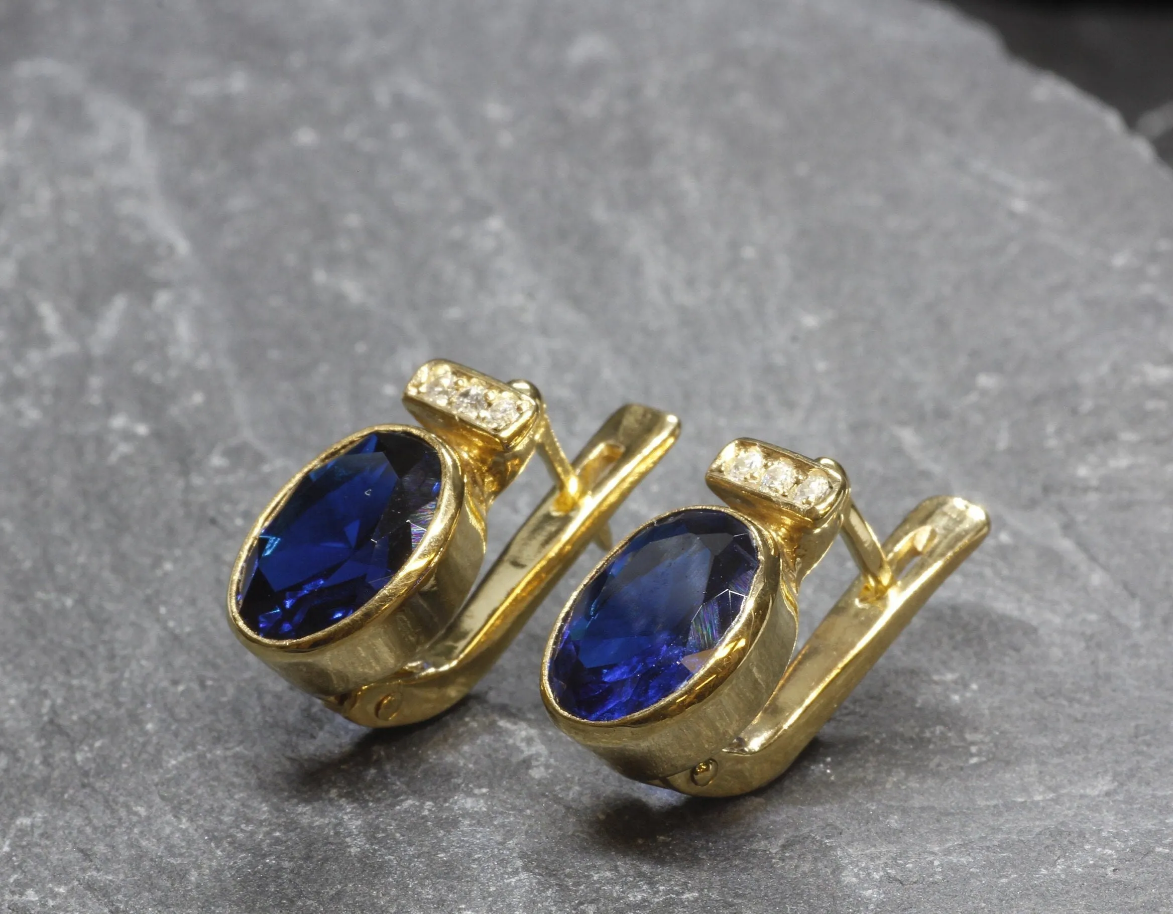 Vintage Sapphire Earrings - Blue Gold Studs, Oval Sapphire Earrings