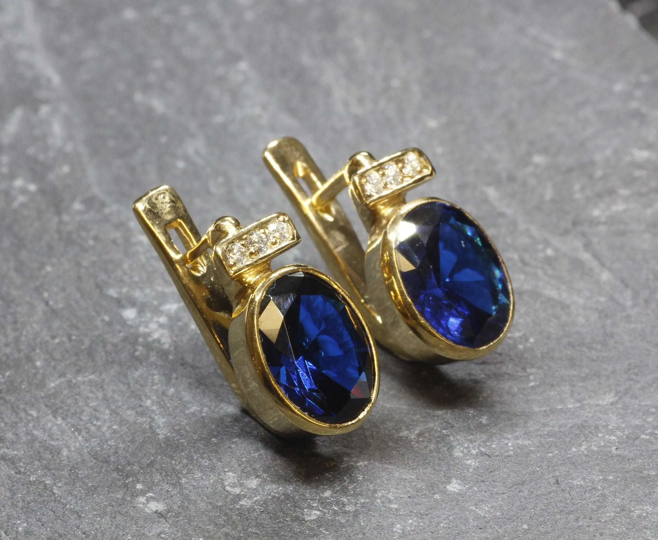 Vintage Sapphire Earrings - Blue Gold Studs, Oval Sapphire Earrings