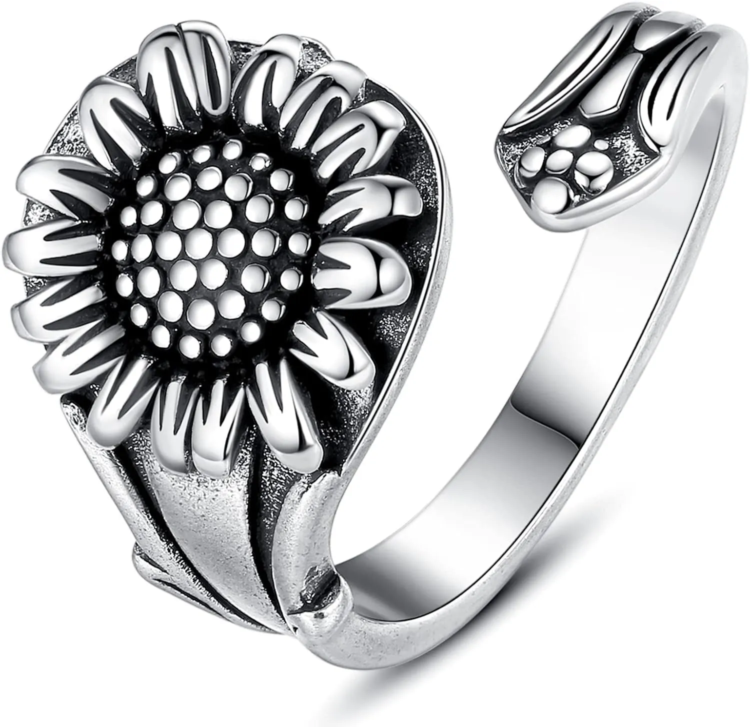 Vintage Silver Spoon Ring, Victorian Boho Flower Spoon Rings for Women, Adjustable Wrap Around Open Ring Statement Jewelry