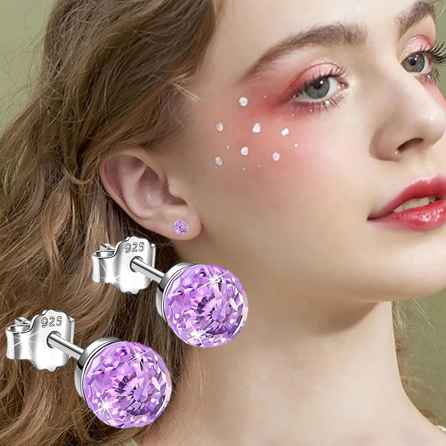 Women Colourful Zircon Stud Earrings Imitation Diamond Earrings Dainty Anniversary Birthday Jewelry Gift (Purple, One Size)